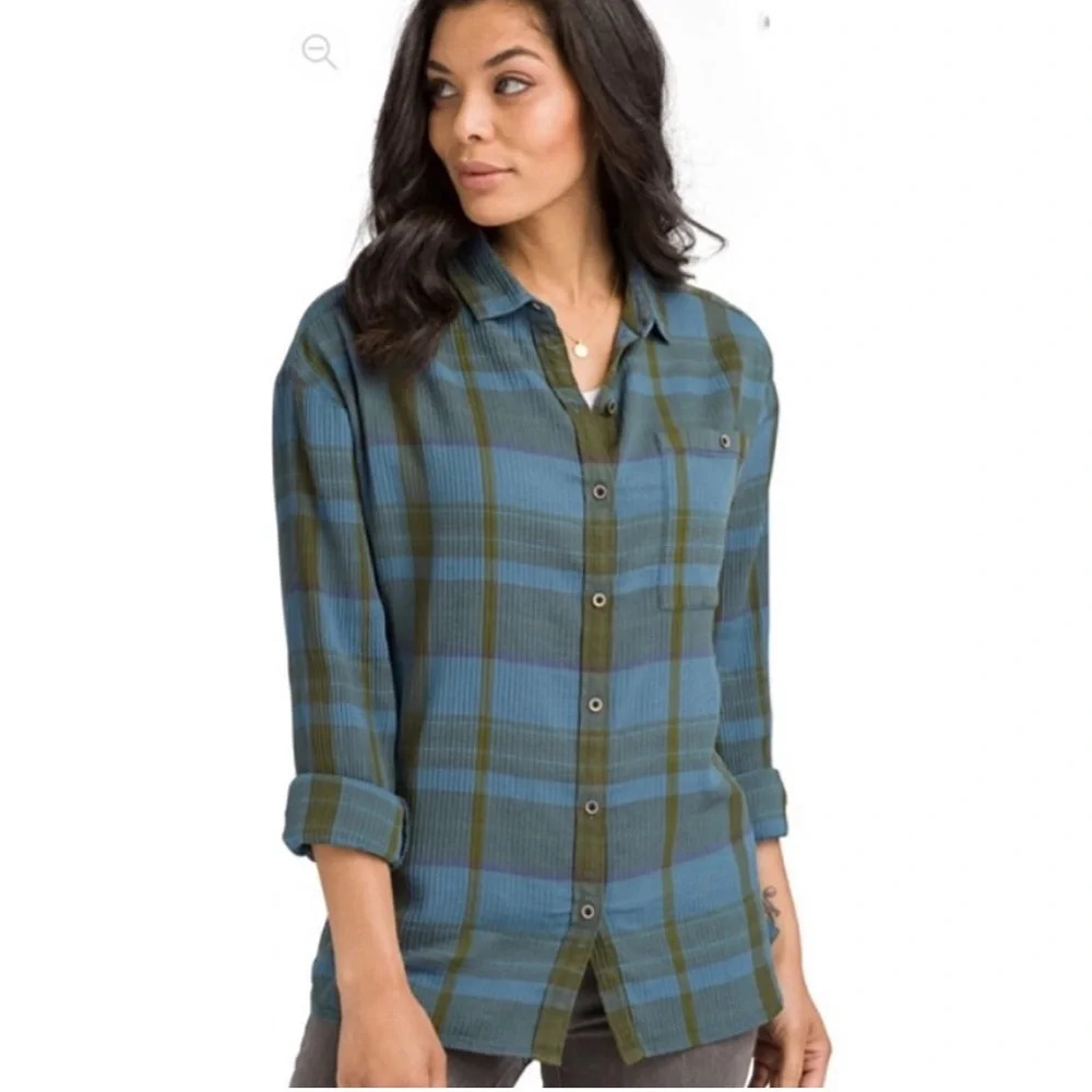 prAna Womens Blue Note Plaid ACONIC Organic Cotton Crinkle Gauze Top SMALL